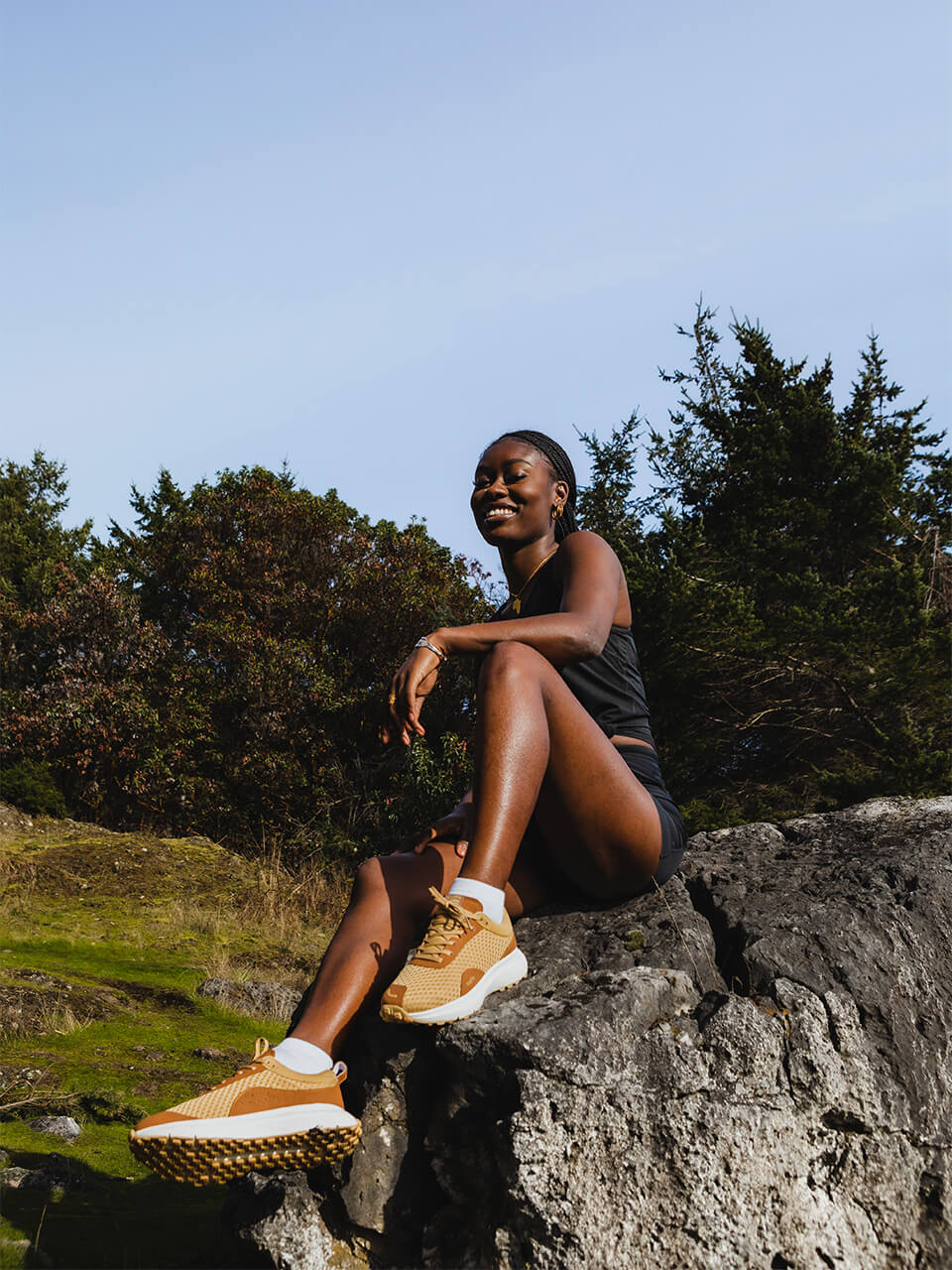 Woman Wearing Sandstone Hilma Running Shoes